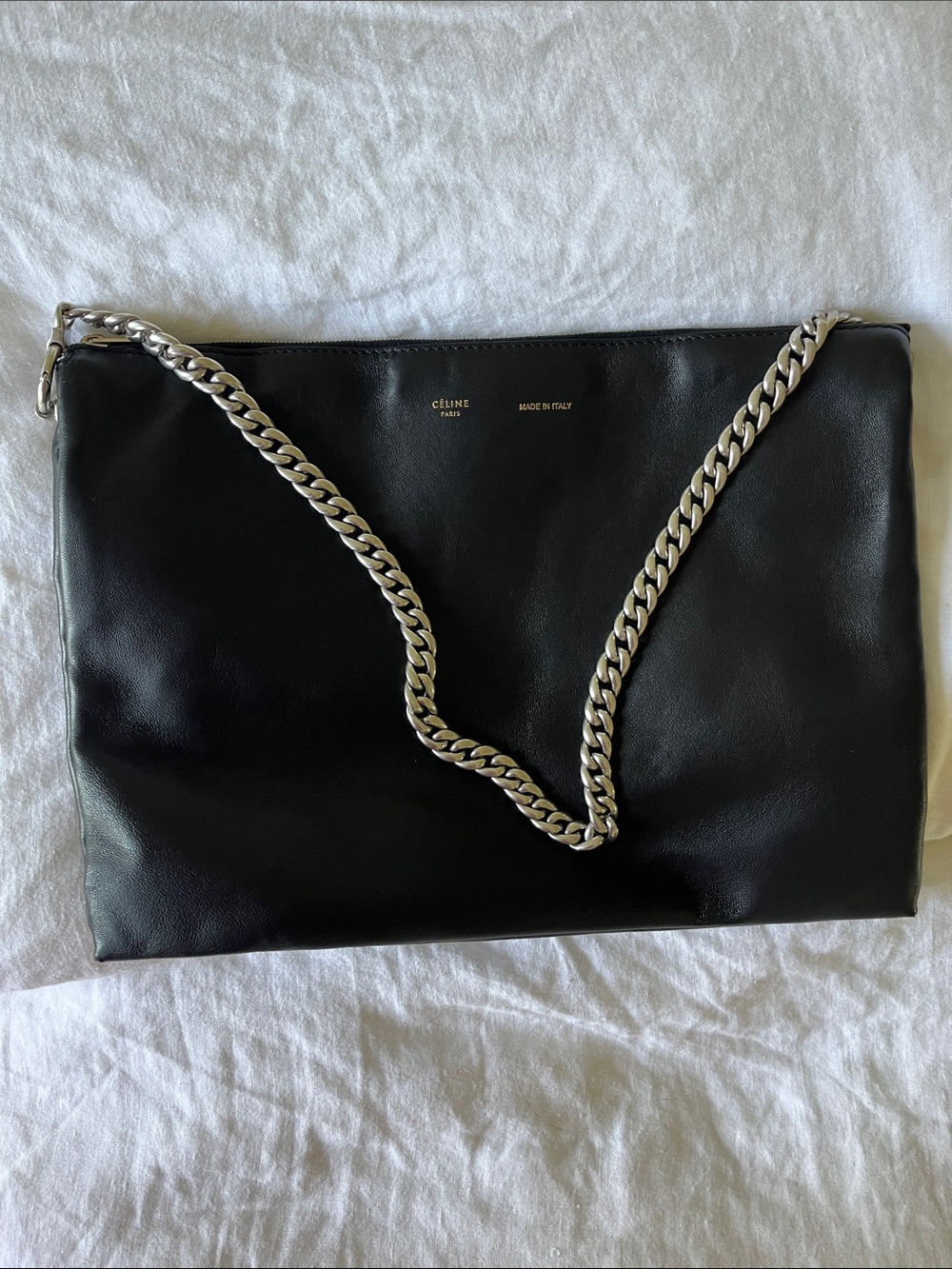 Celine Black Leather Shoulder Bag with Silver Chain